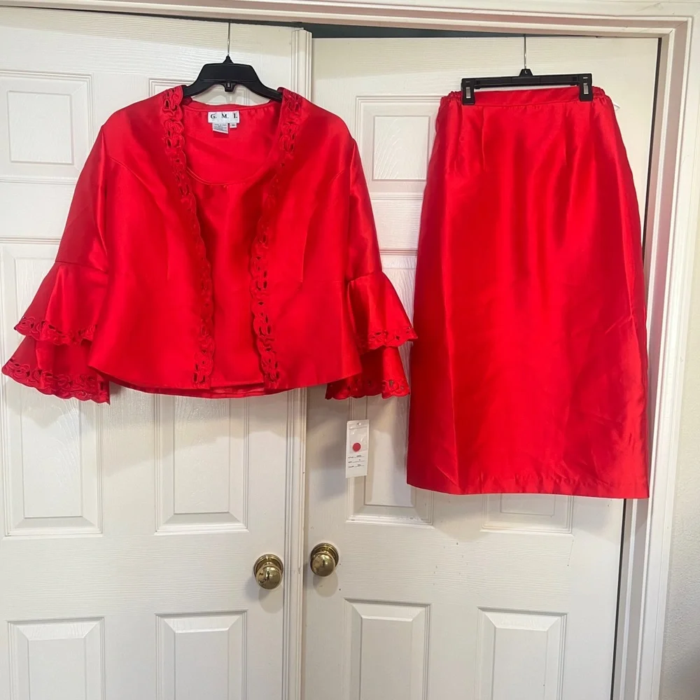 GMI 3 piece red  floral embroidered skirt suit church formal wedding 10‎ chic